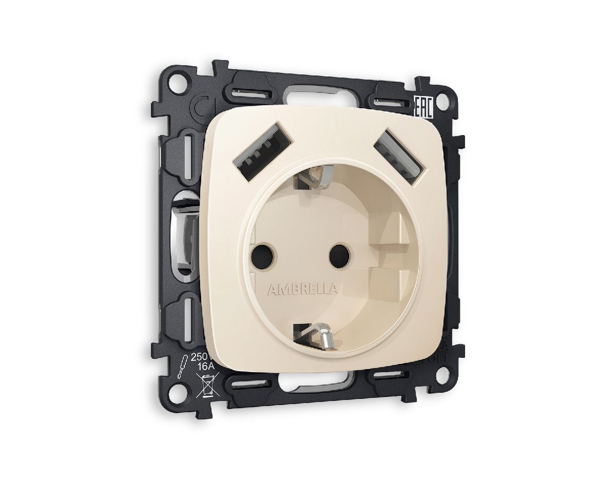 Комплект механизма розетки 2USB A+A 18W (быстрая зарядка) с/з Ambrella Volt Omega MO329010