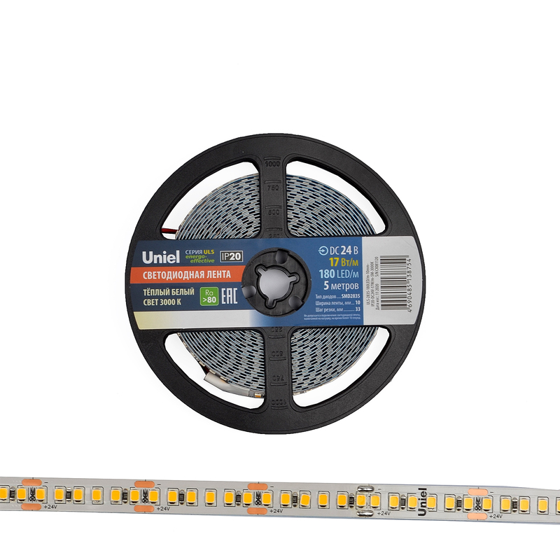 Светодиодная лента Uniel ULS-2835-180LED/m-10mm-IP20-DC24V-17W/m-5M-3000K катушка в герметичной упаковке