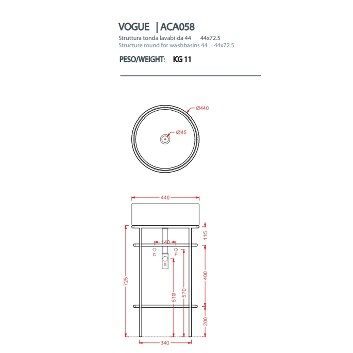 Artceram Vogue Металлическая структура Ø44хh72,5см, напольная, с раковиной, с мраморной полочкой, цвет: черный матовый/белый матовый