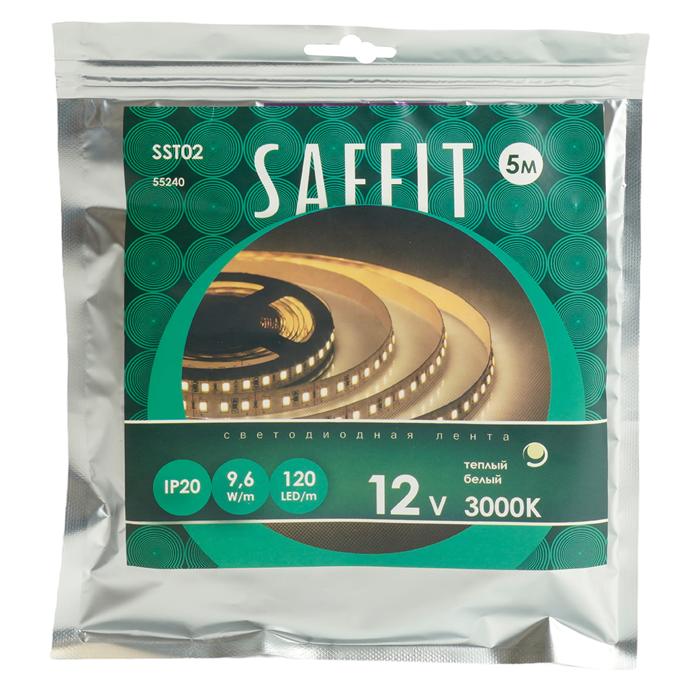 Светодиодная лента Saffit SST02 12В 9,6Вт/м 3000К 5м IP20 55240
