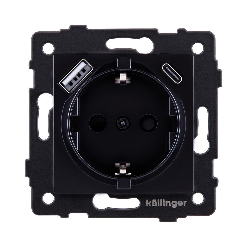 Розетка штепсельная SCHUKO 16A/250 В с USB A+C 20W, черный Kollinger REA-004BK для Aspekt, Eleganz, Reflex