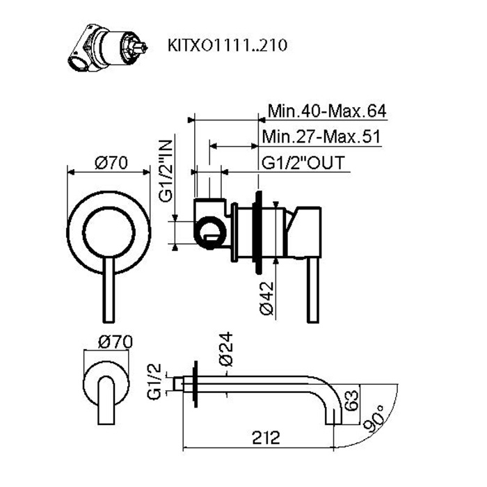 Plumberia Selection IXO Смеситель для раковины, встраиваемый, излив 210мм, с внутренней частью, цвет: брашированное золото