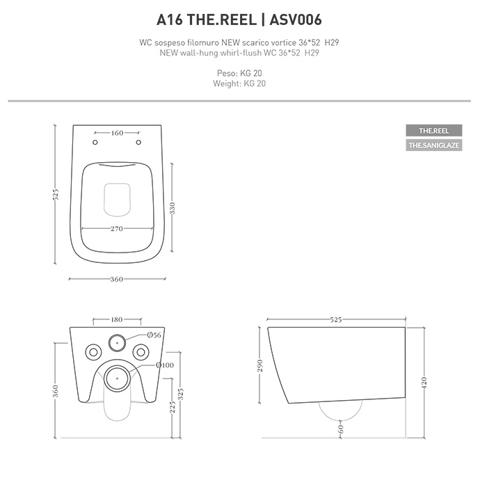 Artceram A16 Унитаз подвесной 36x52см, безободковый, saniglaze, the.reel, цвет: grigio olivia