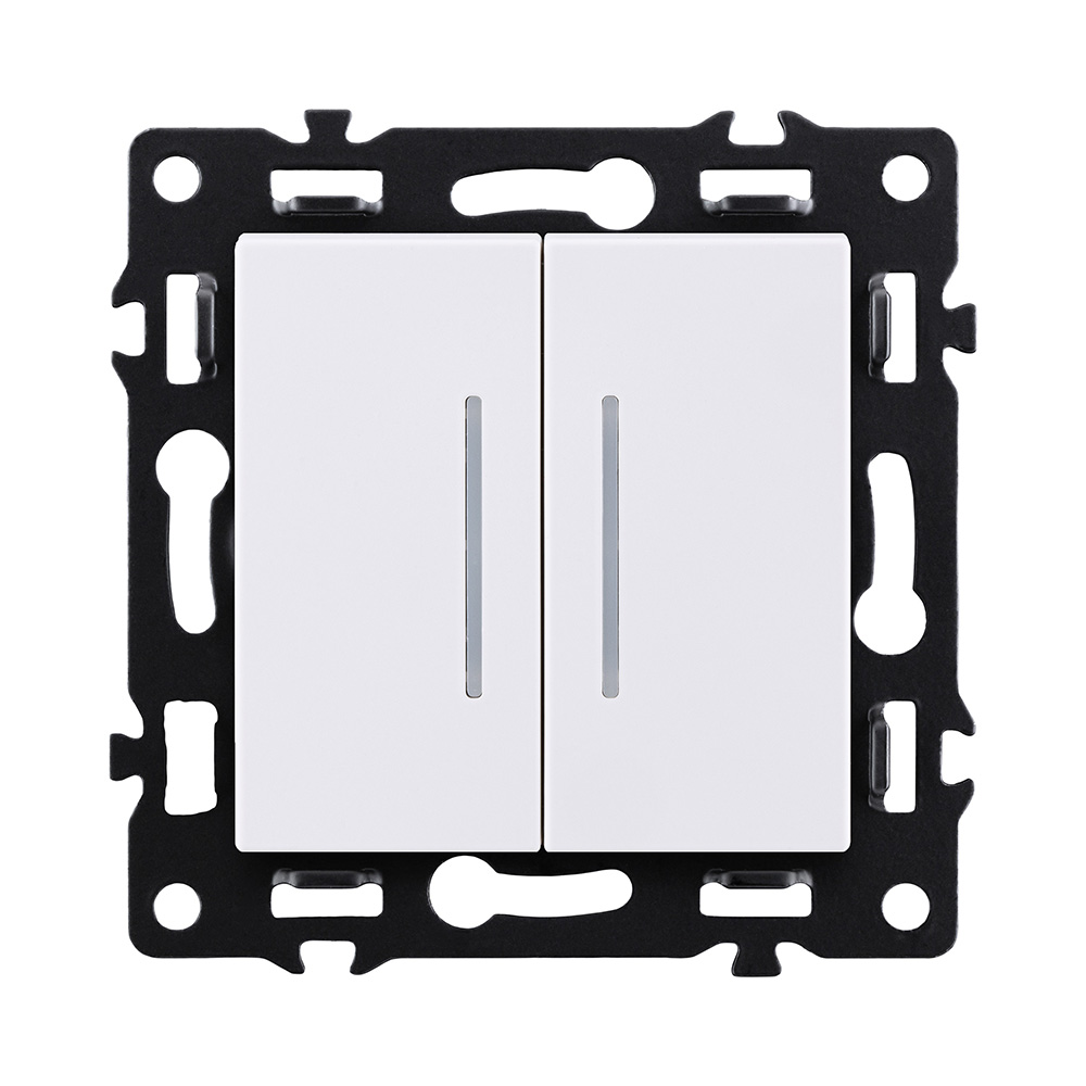 Выключатель 2-клавишный проходной 10А/250В с LED подсветкой, белый Kollinger Asthetik AS-011WH
