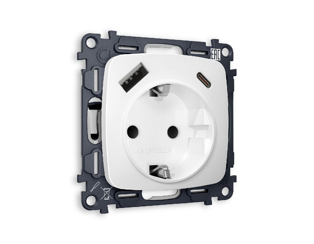 Комплект механизма розетки 2USB A+C 20W (быстрая зарядка) с/з Ambrella Volt Omega MO130010