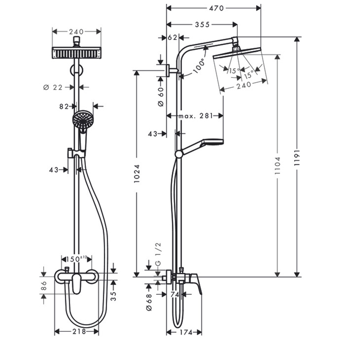 Hansgrohe Crometta E 240 SHP Душевая система 102см, с верхним душем 240х240мм., ручным дешем и однорычажным семесителем, цвет: хром