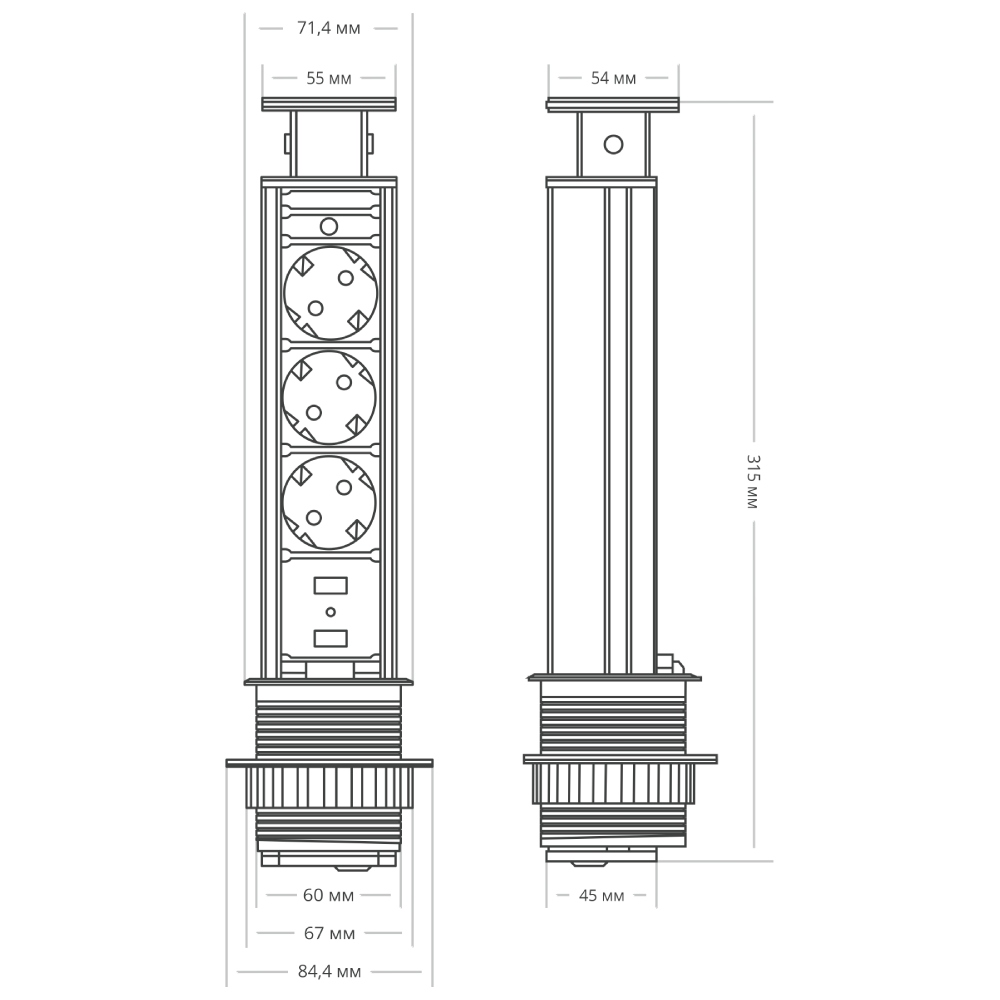 Блок розеток 105S (3 секции и 2 USB) Mebax 00-00000825