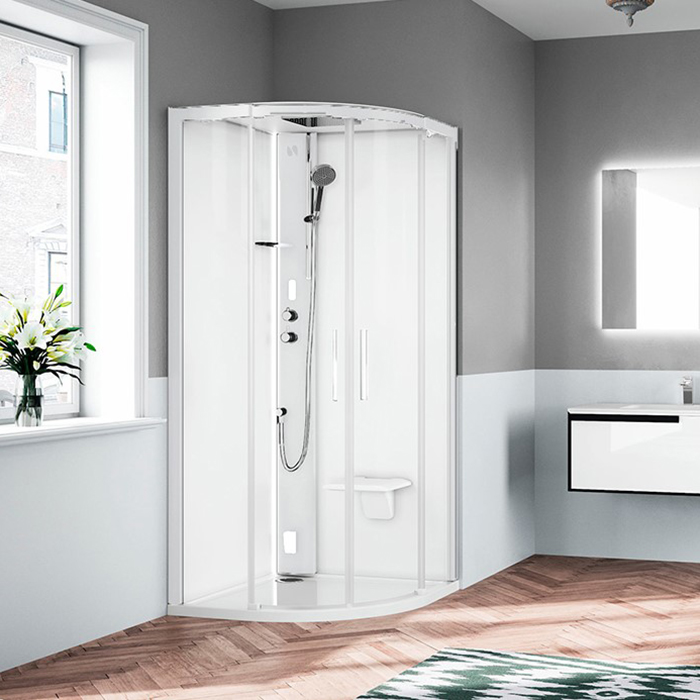 Novellini Glax Душевая кабина 100х100х224см., Standart с крышей , смеситель термостатический, Hammam и сиденье, цвет: белый матовый/стекла прозрачные