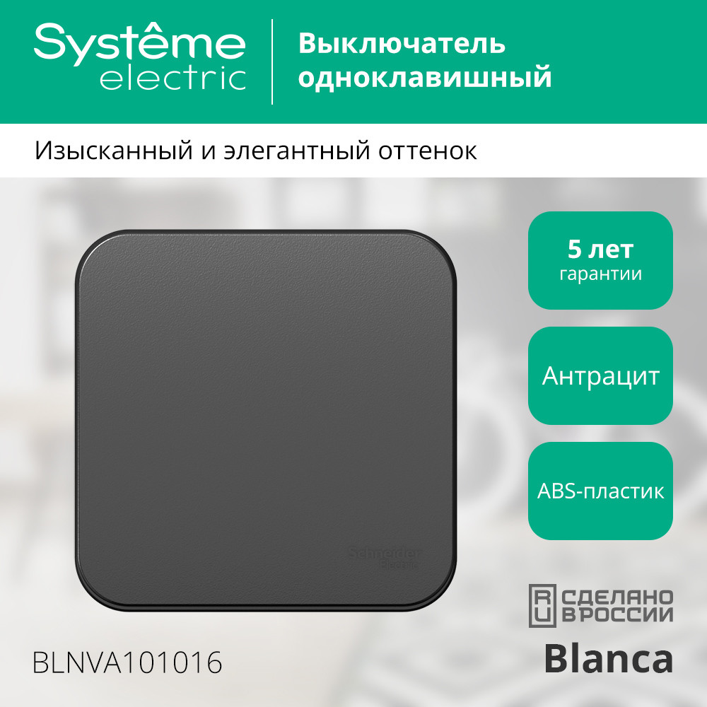 Выключатель 1-клавишный 10А 250B изолир. Пластина Systeme Electric Blanca наруж Антрацит BLNVA101016