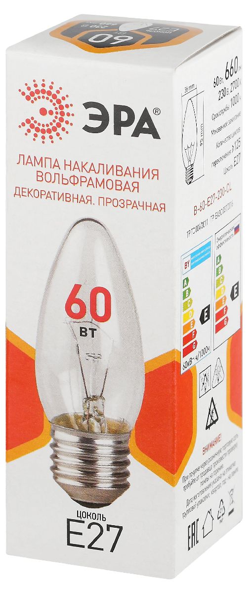 Лампа накаливания Эра B-60-E27-230-CL свечка Б0066524