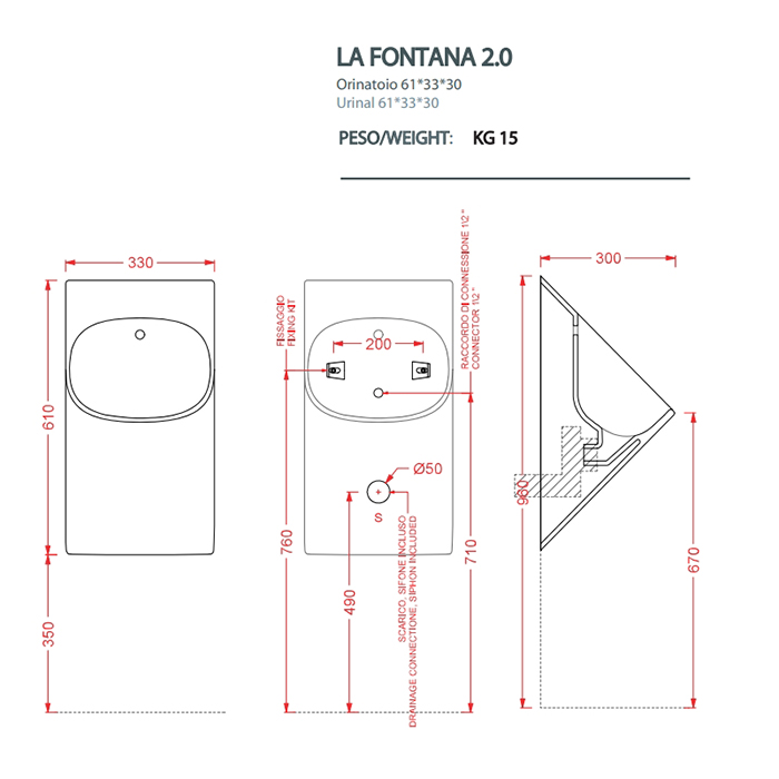 Artceram La Fontana 2.0 Писуар подвесной 33х31хh62см, с сифоном и креплением, saniglaze, цвет: белый