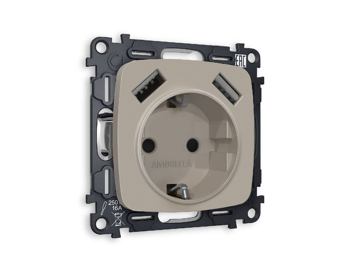 Комплект механизма розетки 2USB A+A 18W (быстрая зарядка) с/з Ambrella Volt Omega MO369010