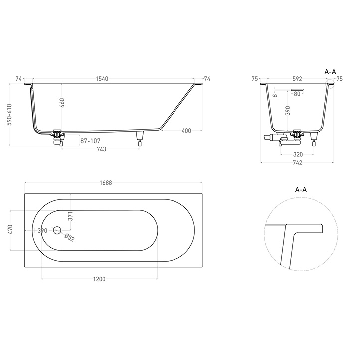 Salini Lofo Kit Ванна 168.8х74.2х59см., встраиваемая, Solid Surface, с донным клапаном, сифоном, ножками, слив-переливом, цвет: белый матовый