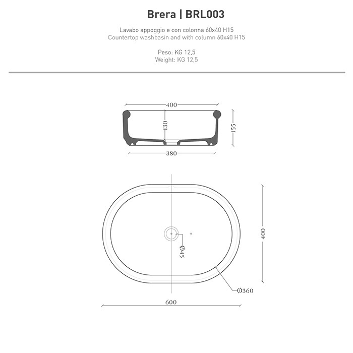 Artceram Brera Раковина 60х40х15см., накладная, без отв., цвет: белый матовый