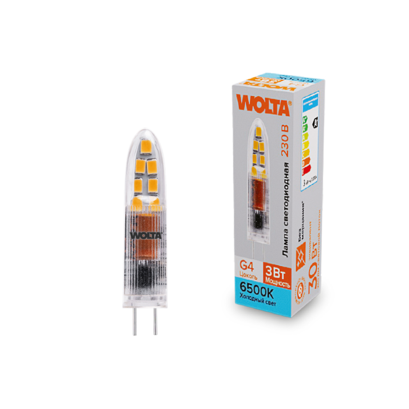Светодиодная лампа WOLTA 3Вт 6500K G4 матовая WSTD-JC-220V3W6KG4-P