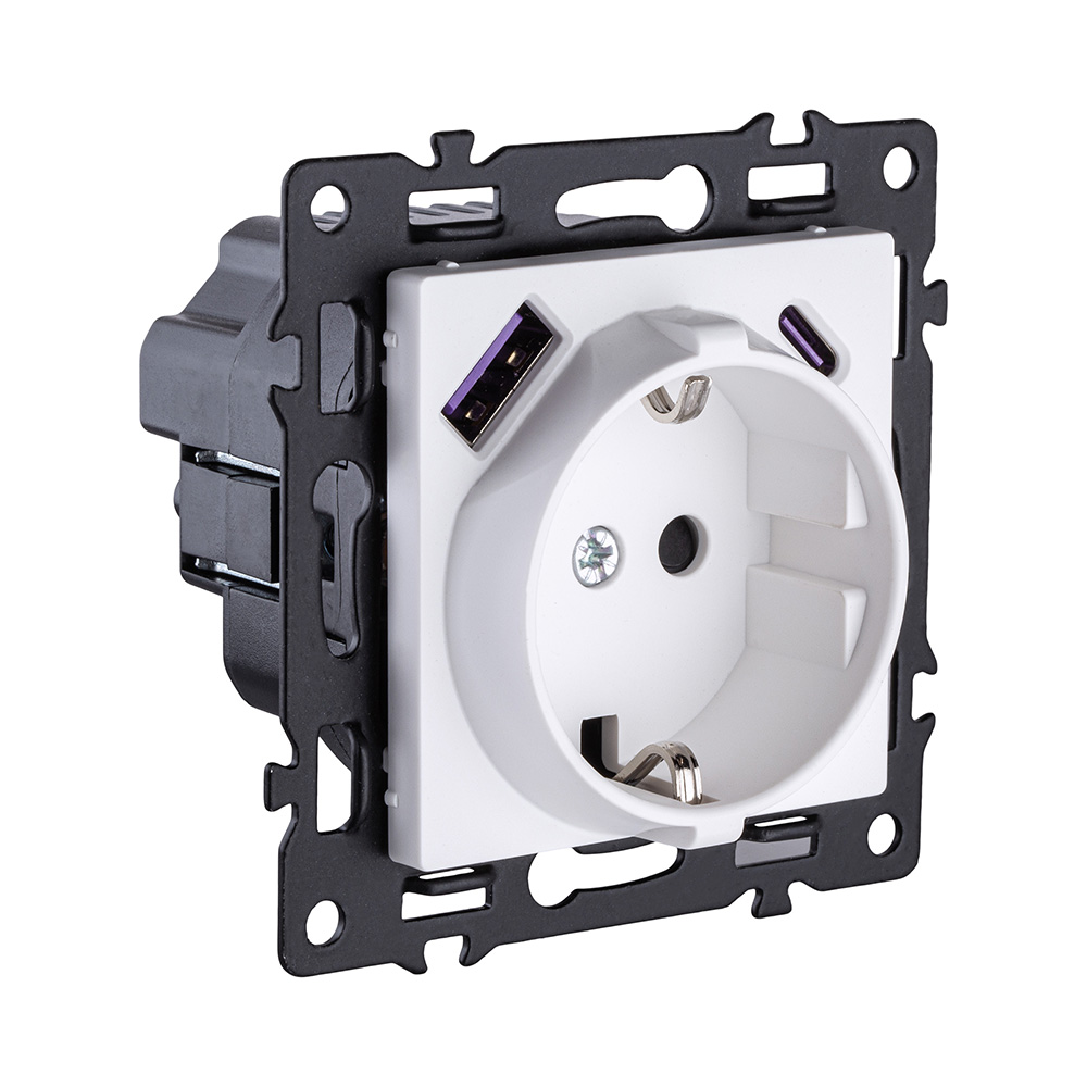 Розетка штепсельная SCHUKO 16A/250 В с USB A+C 20W, белый Kollinger Asthetik AS-016WH