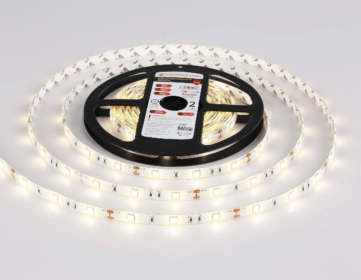 Светодиодная лента Ambrella Light LED Strip 12В 5050 7,2Вт/м 3000K 5м IP65 GS1901