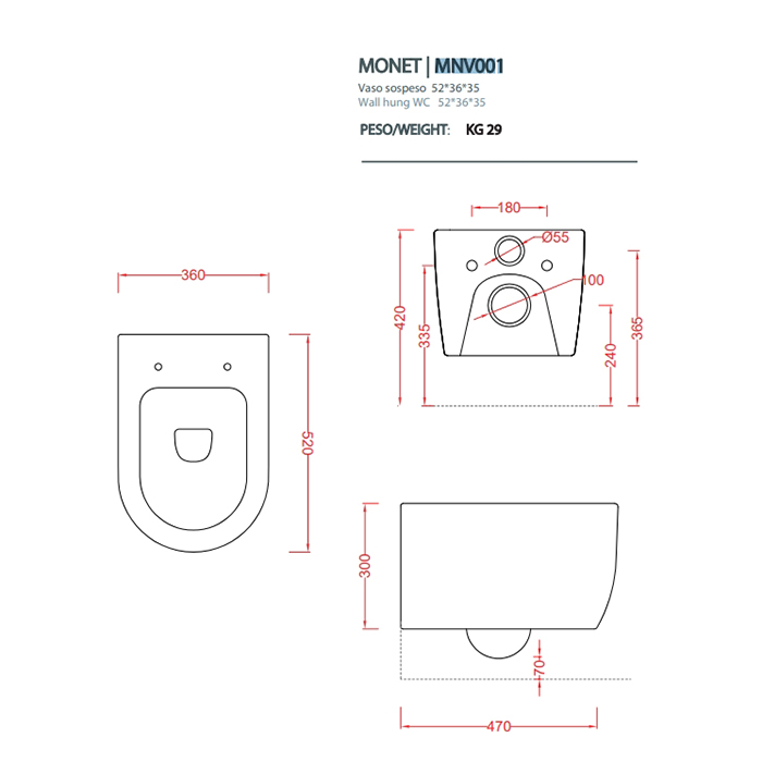 Artceram Monet Унитаз подвесной 36х52см, Rimless, цвет: белый матовый