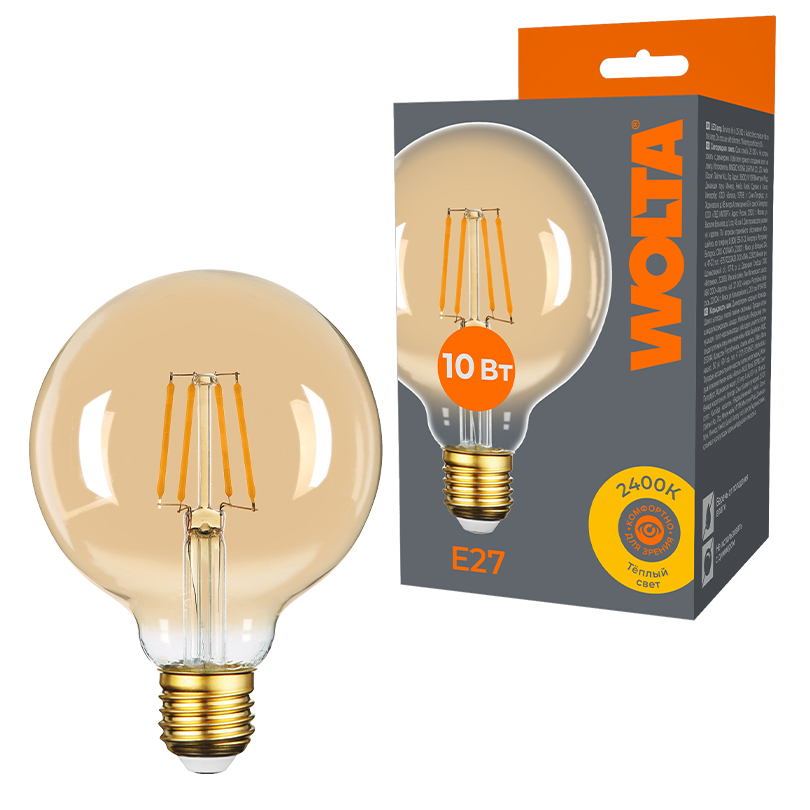 Лампа светодиодная филаментная WOLTA 10Вт 2400K Е27 шар прозрачный WF-G95-10W2.4KE27