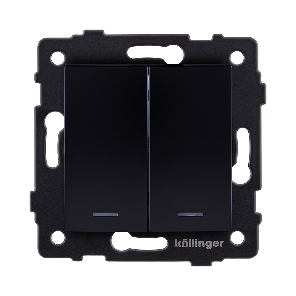 Выключатель 2-клавишный 10А/250В с LED подсветкой, изогнутый, черный Kollinger REA-R-008BK для Aspekt, Eleganz, Reflex