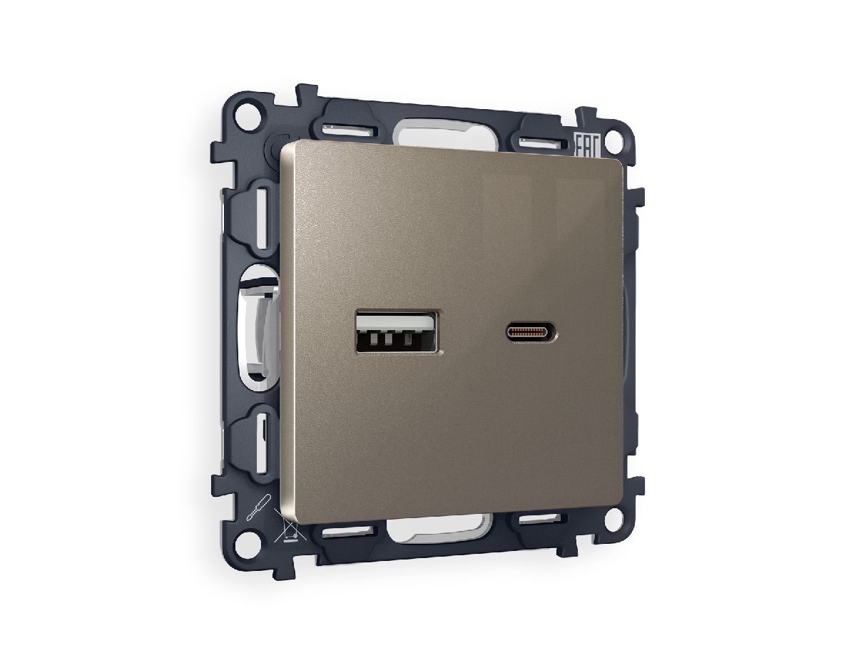Комплект механизма розетки 2USB A+C 20W (быстрая зарядка) Ambrella Volt Alfa MA641010