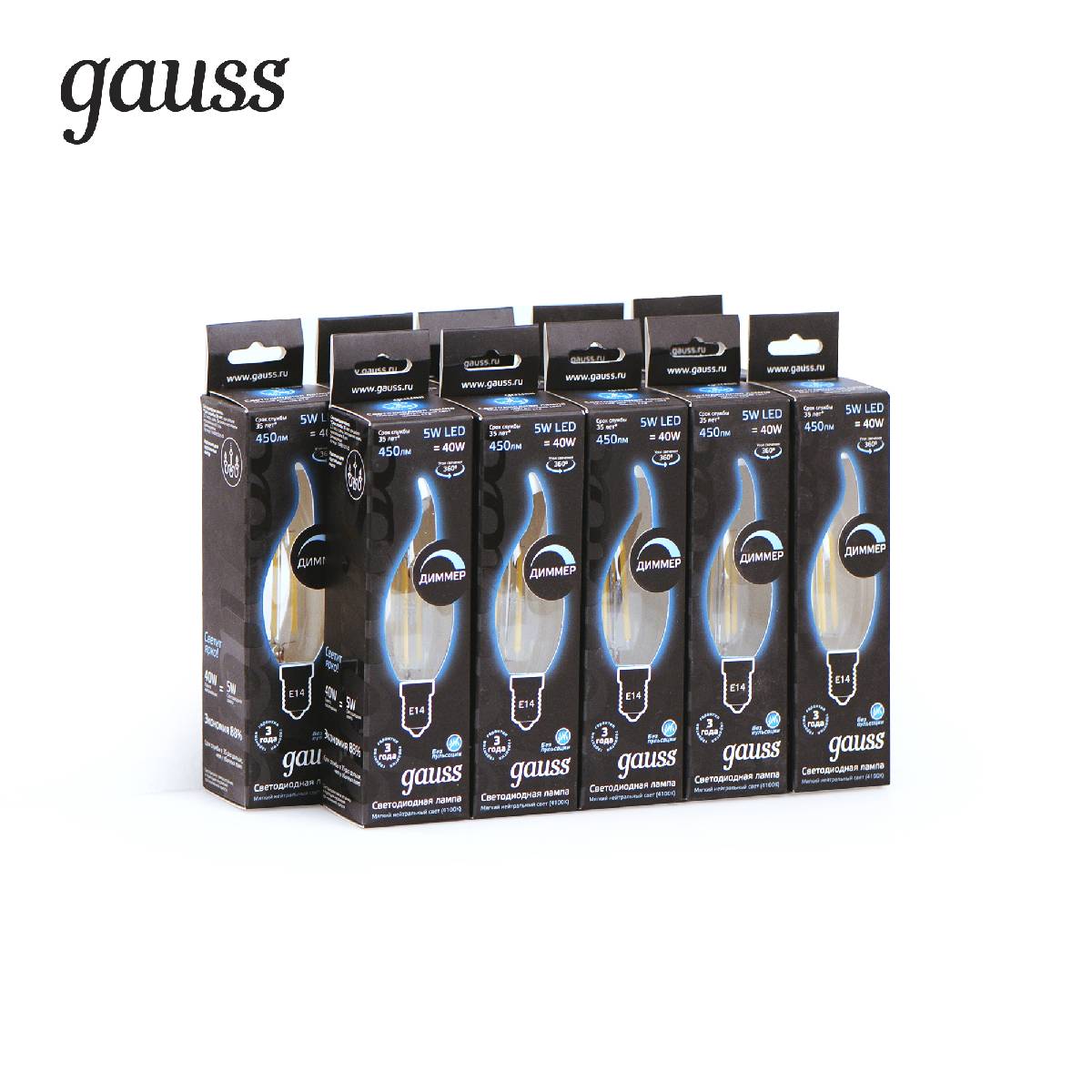 Лампа светодиодная диммируемая Gauss филаментная E14 5W 4100К прозрачная 104801205-D