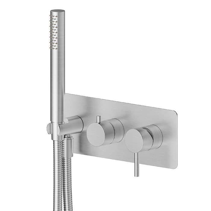 Newform X-STEEL 316 Смеситель для душа, встраиваемый, на 2 выхода, ручной душ, кронштейн, на декоративной платине, цвет: нержавеющая сталь
