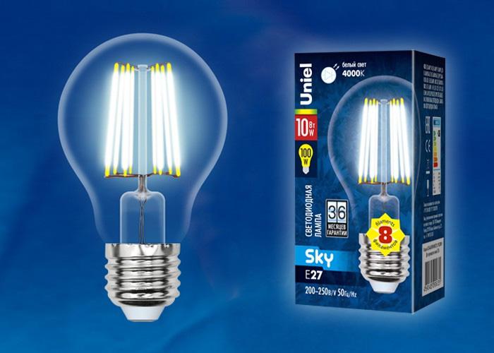Лампа светодиодная филаментная (UL-00002625) Uniel E27 10W 3000K прозрачная LED-A60-10W/WW/E27/CL PLS02WH