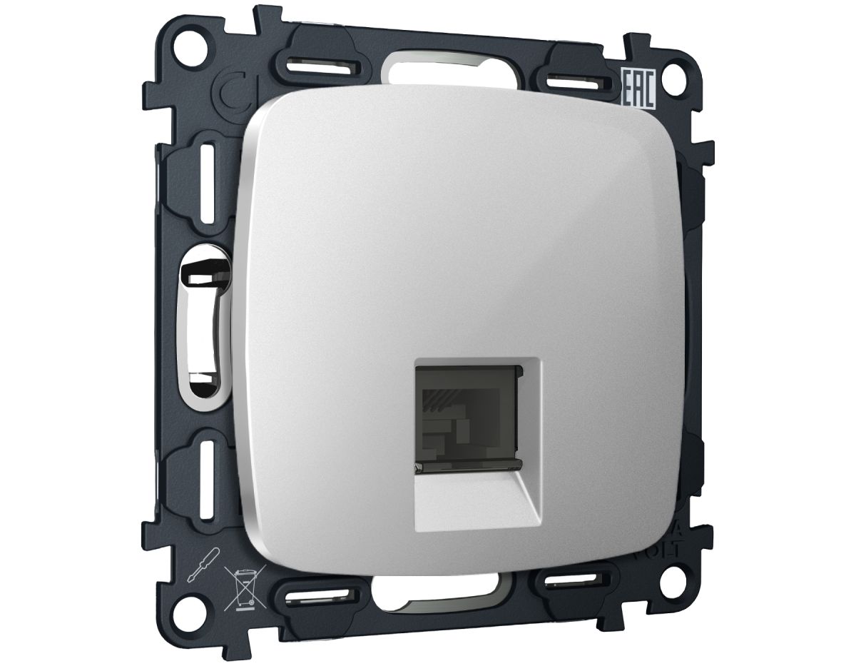 Комплект механизма компьютерной розетки Ambrella Volt RJ-45 (8P8C) CAT6A экранированной с автоматической защитной шторкой OMEGA MO412005 Серебро глянец QUANT (OP4120, VM185)