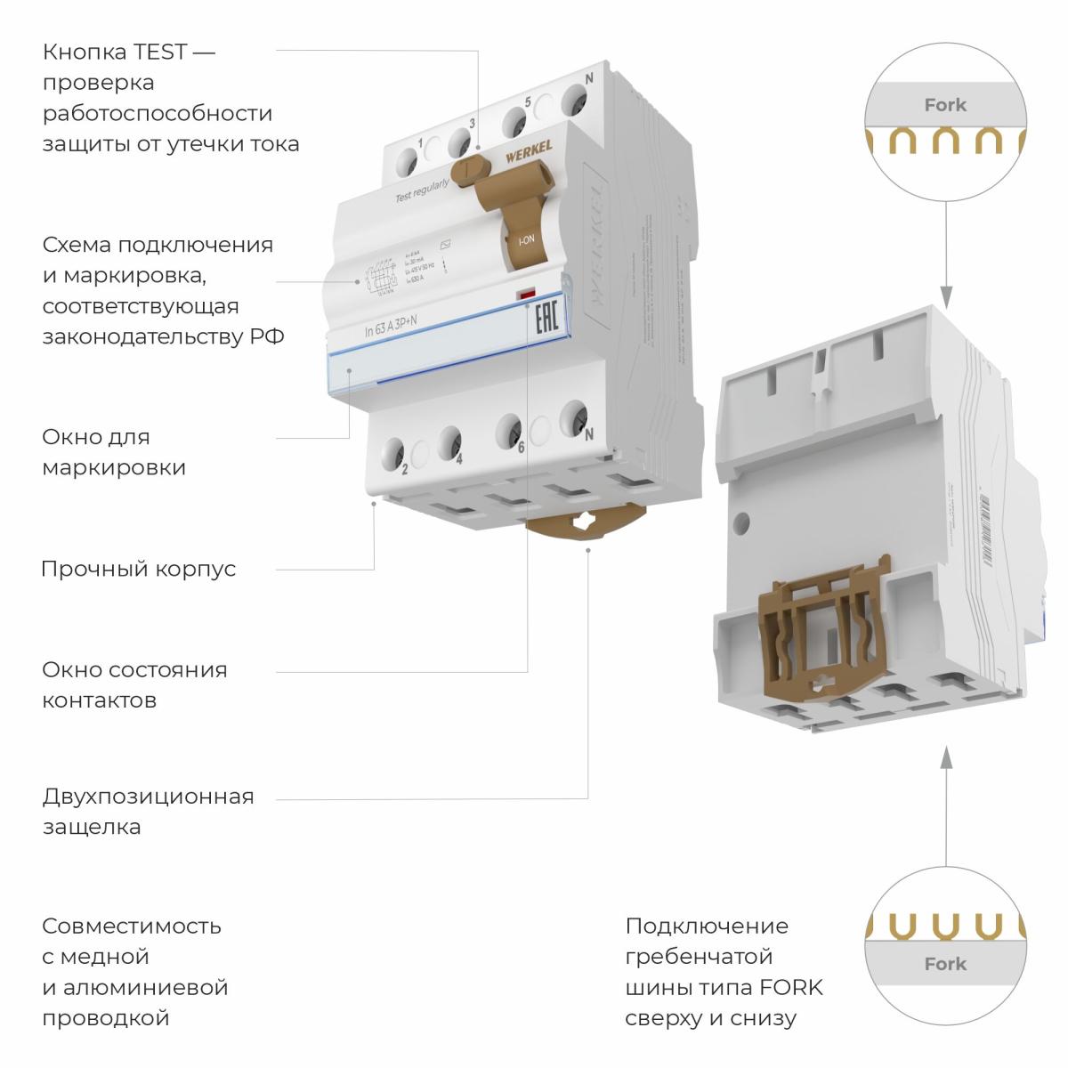 Устройство защитного отключения 3P+N 63 A 30m А АС 6 kА Werkel W914P636 4690389193200 a062566