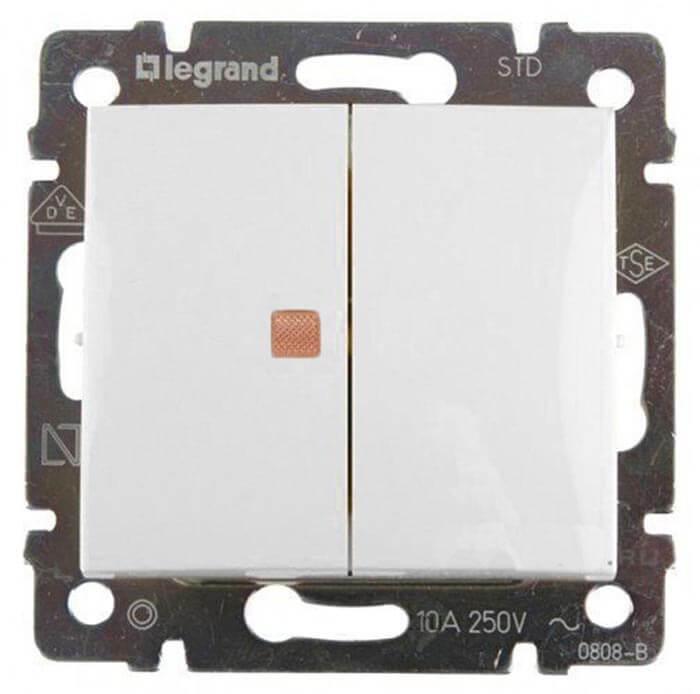 Переключатель двухклавишный Legrand Valena 10A 250V с подсветкой белый 774445