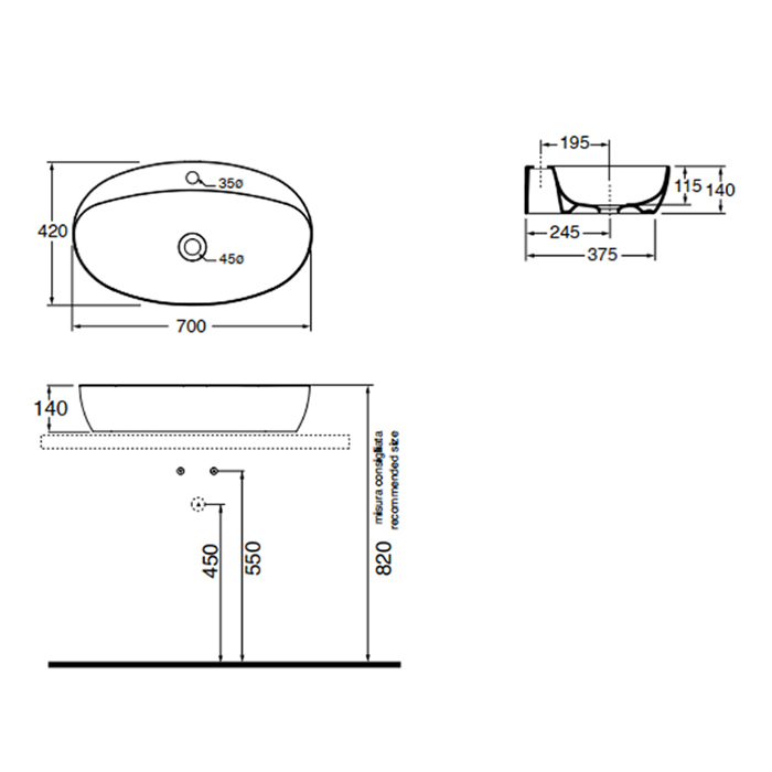 Azzurra Elegance Circle Раковина накладная, 70x42xH14 см, 1 отв., без перелива, цвет: Bianco lucido