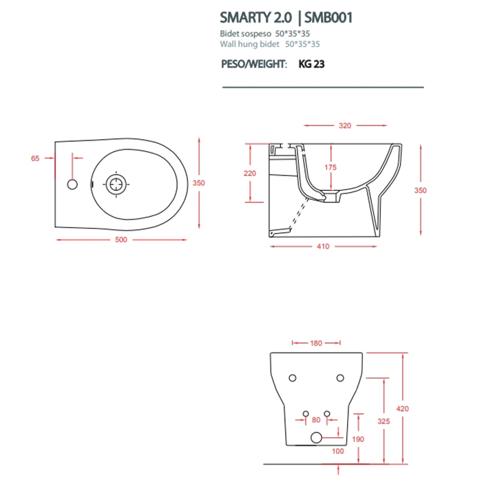 ARTCERAM/HIDRA SMARTY Биде подвесное 35х50 см, с 1 отв под смеситель, цвет: белый