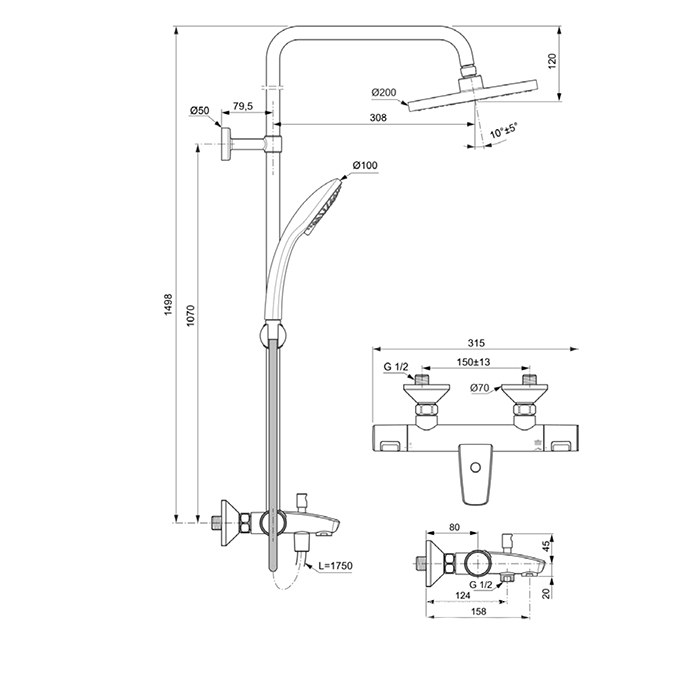 Ideal Standard Ceratherm T25 Душевая система с термостатическим смесителем, верхним душем Ø20см., держателем, лейкой для душа и шлангом 160см., цвет: хром