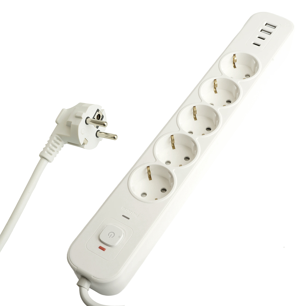 Сетевой фильтр 5-местный с/з и 2 USB-A+2 Type-C Stekker Nova HM21-51-02 50102