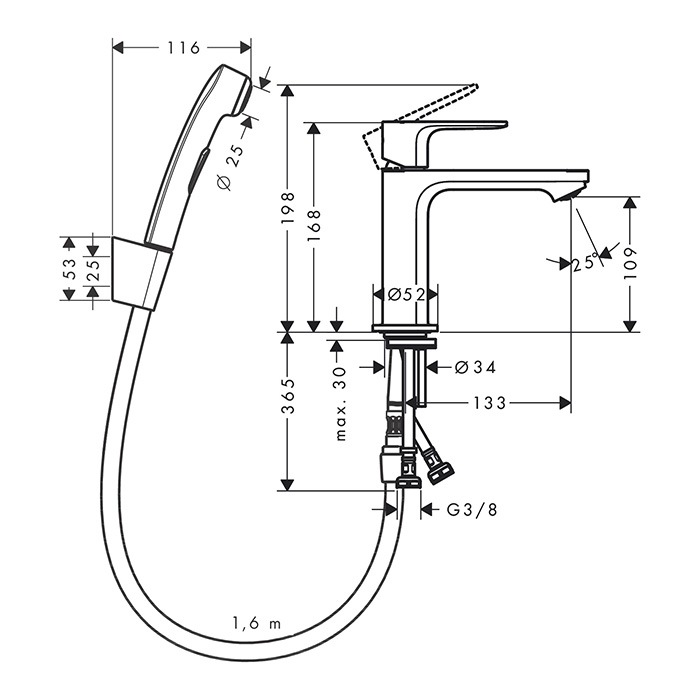 Hansgrohe Rebris S Смеситель для раковины 110, с гигиеническим душем, цвет: хром