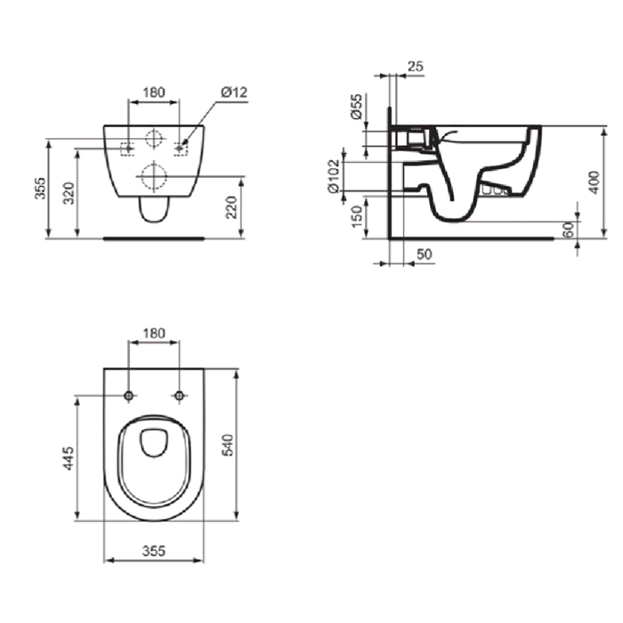 Ideal Standard Blend Curve Унитаз подвесной 54х36см., безободковый с технологией смыва RimLS+®, цвет: Euro White Ideal Plus