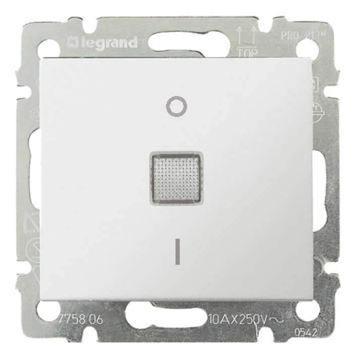 Переключатель одноклавишный двухполюсный Legrand Valena 10A 250V с подсветкой белый 774449