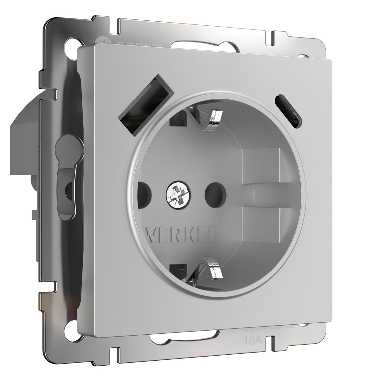 Розетка Werkel Розетка с заземлением, шторками и USB тип A+C (серебряный) W1171706 4690389206870 a067703
