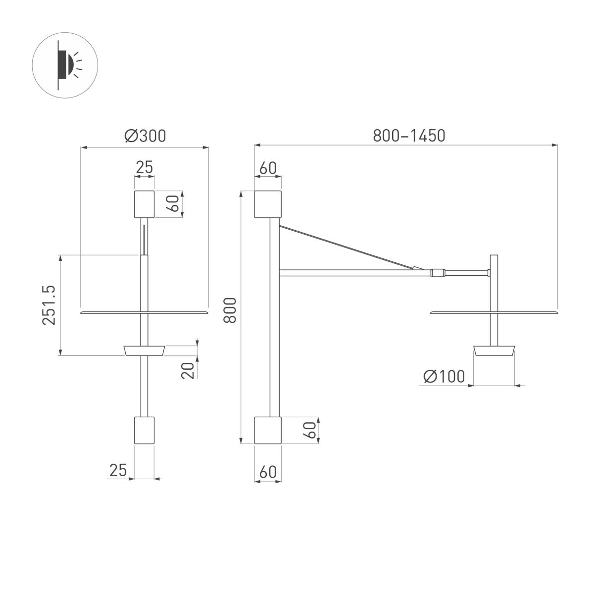 Бра Arlight SP-CAMPANA-WALL-L1450-9W Warm3000 (BK, 130 deg, 230V, TELESCOPIC) (IP20 Металл) 059596