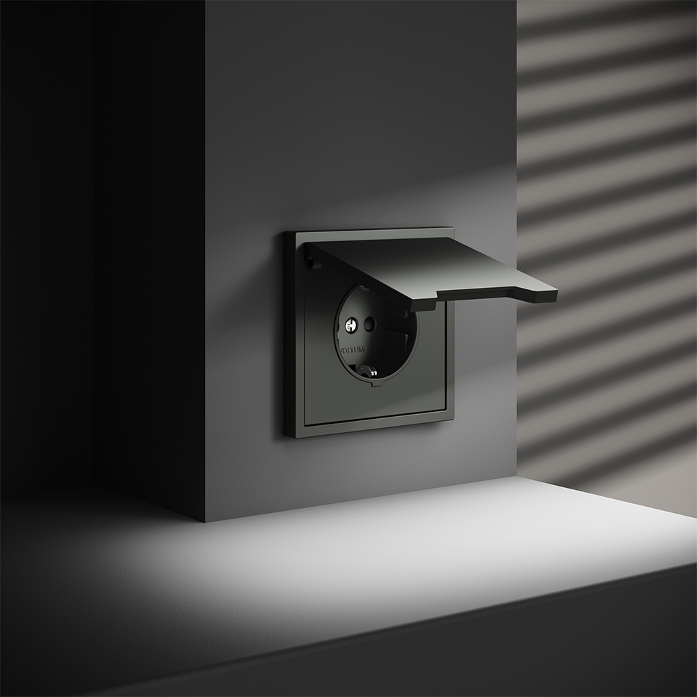 Розетка с защитными шторками и крышкой Voltum S70 VLS040306 (титан)