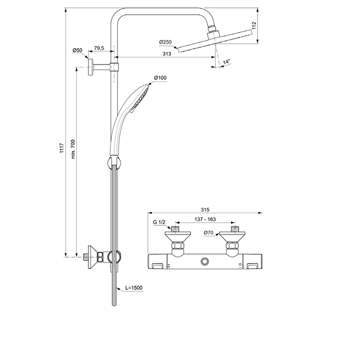 Ideal Standard Ceratherm T25 Душевая система с термостатическим смесителем, верхним душем Ø25см., держателем, лейкой для душа и шлангом 150см., цвет: хром