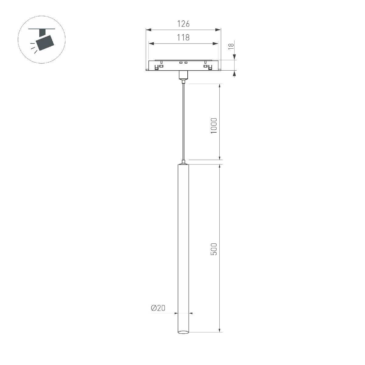 Трековый магнитный светильник Arlight MAG-ORIENT-SPOT-HANG-L500-R20-3W Warm3000 (BK, 20 deg, 48V) 046897