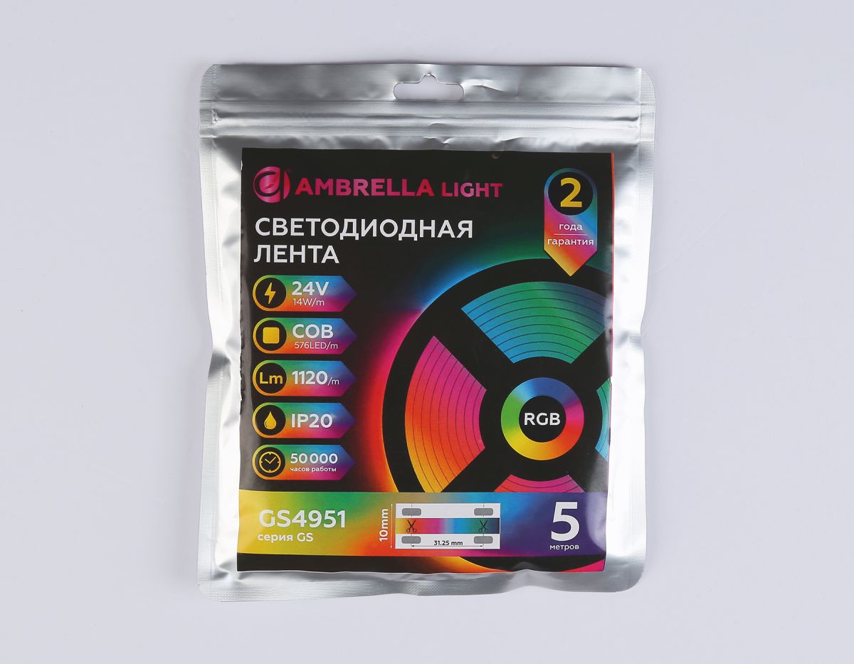 Светодиодная лента Ambrella Light Illumination COB 576Led/ 14W m/ 24V IP20 RGB/ 5m*10mm*3mm (4 конт.) GS4951