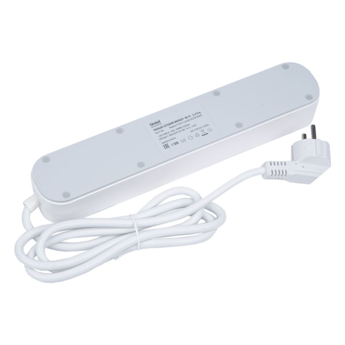 Умный сетевой фильтр Uniel UL-00011386 Wi-Fi. 1.8м Пвс 3х1.5. 4 гнезда. с-з. 2USB+Type-C 5В 3A 16A 3680Вт P-GCL4-1,8 A201/UC/WF WHITE