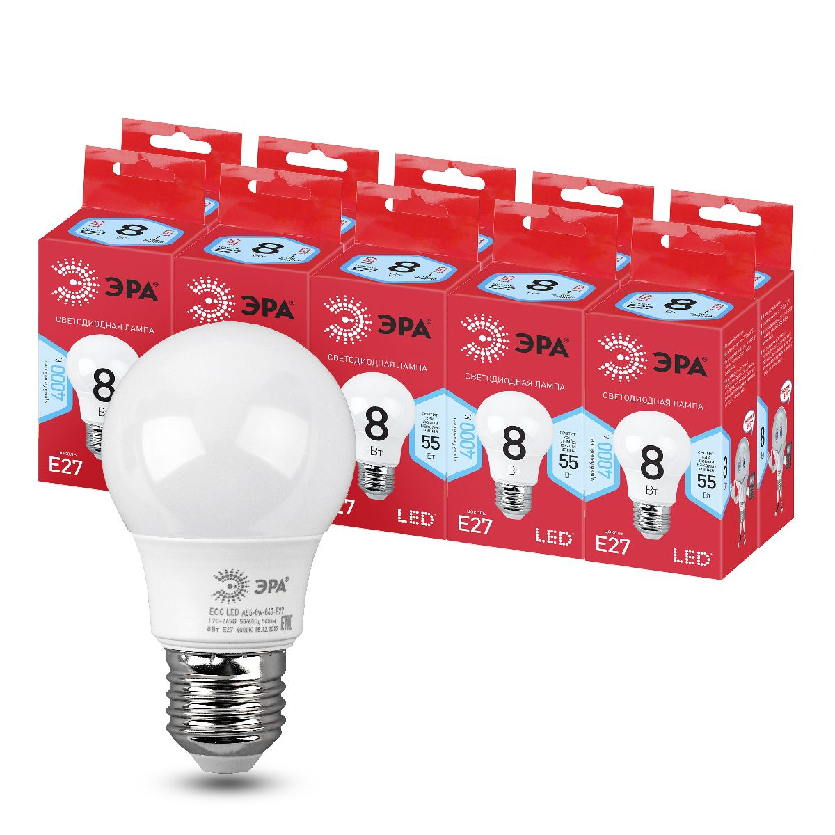 Лампа светодиодная Эра E27 8W 4000K LED A55-8W-840-E27 R Б0052382