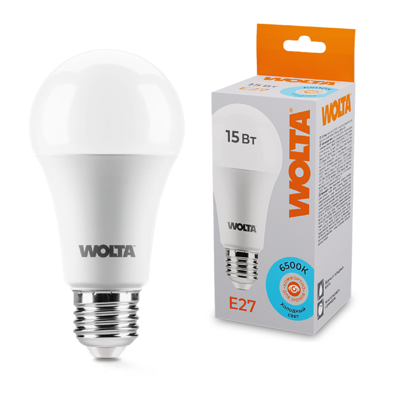 Светодиодная лампа WOLTA 15Вт 6500К E27 груша матовая 25W60BL15E27