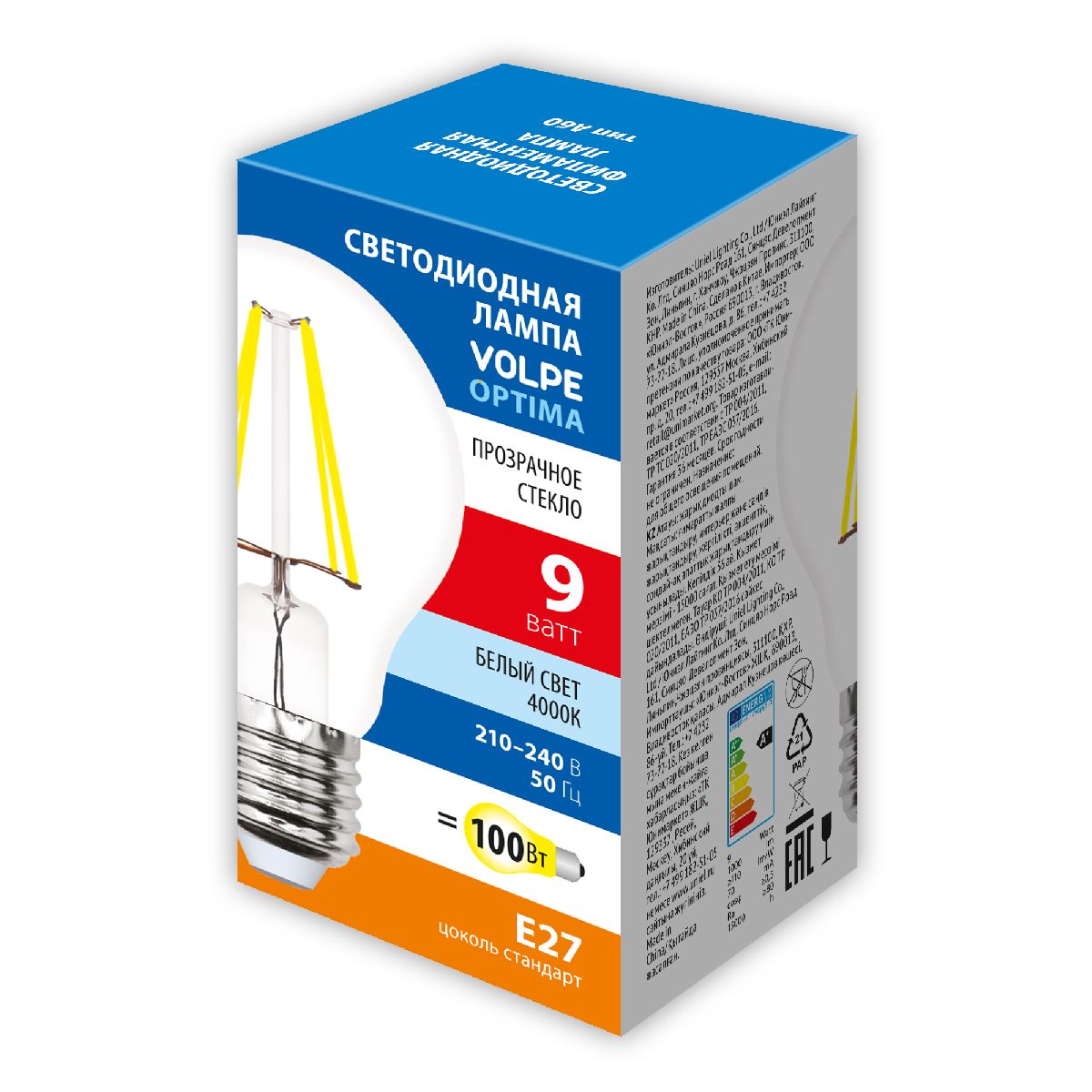 Лампа светодиодная Volpe Optima LED-A60-9W/4000K/E27/CL/SLF UL-00008303