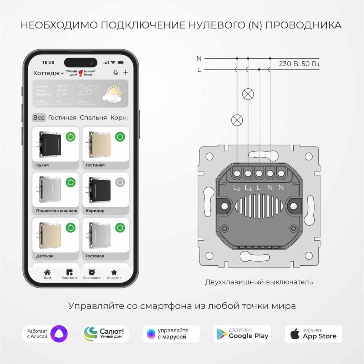 Умный сенсорный выключатель двухклавишный Werkel 4690389197970 W4523011 a064146