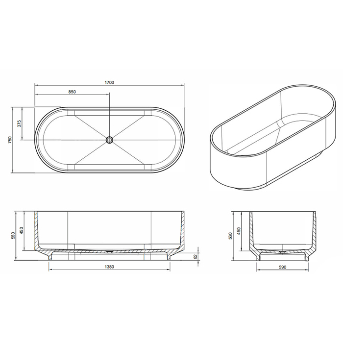 Knief Ellipse shape Ванна отдельностоящая 170x75x56см., из полимерного материала, цвет: Jaspis # 070